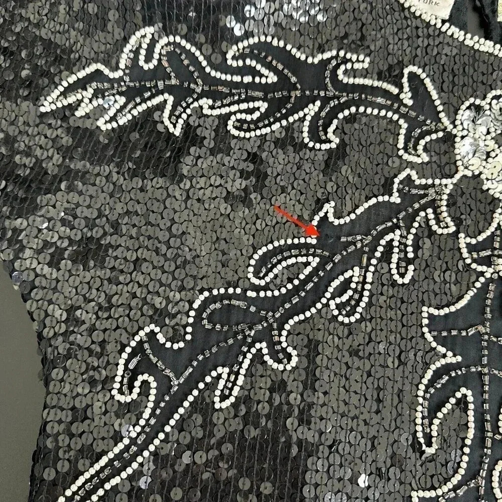 Vintage Sarin Sequin Top Womens S / M Beaded Black Silver Floral Silk 80s Blouse - Picture 8 of 15